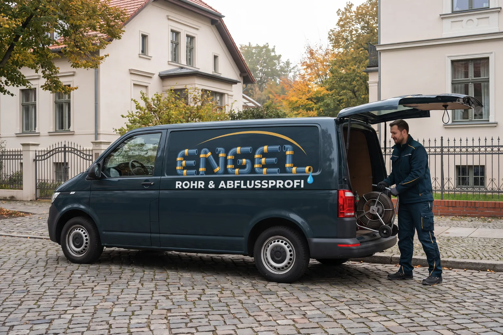 Beschriftetes Einsatzfahrzeug vor einer Villa, die Fachkraft holt die elektrische Spirale aus dem Heck