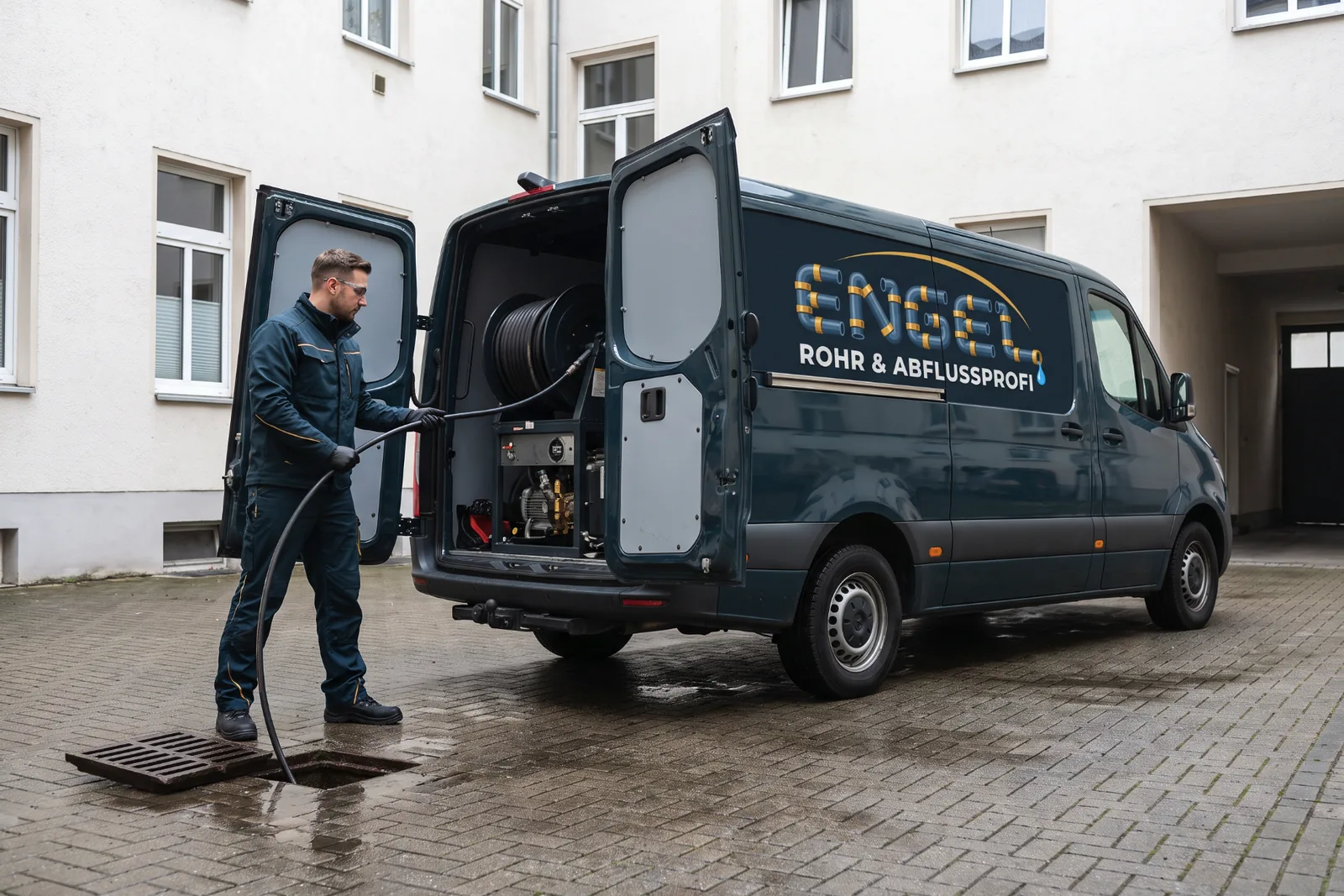 Hochdruckspülung eines Hofablaufs, der Schlauch kommt vom Einsatzfahrzeug