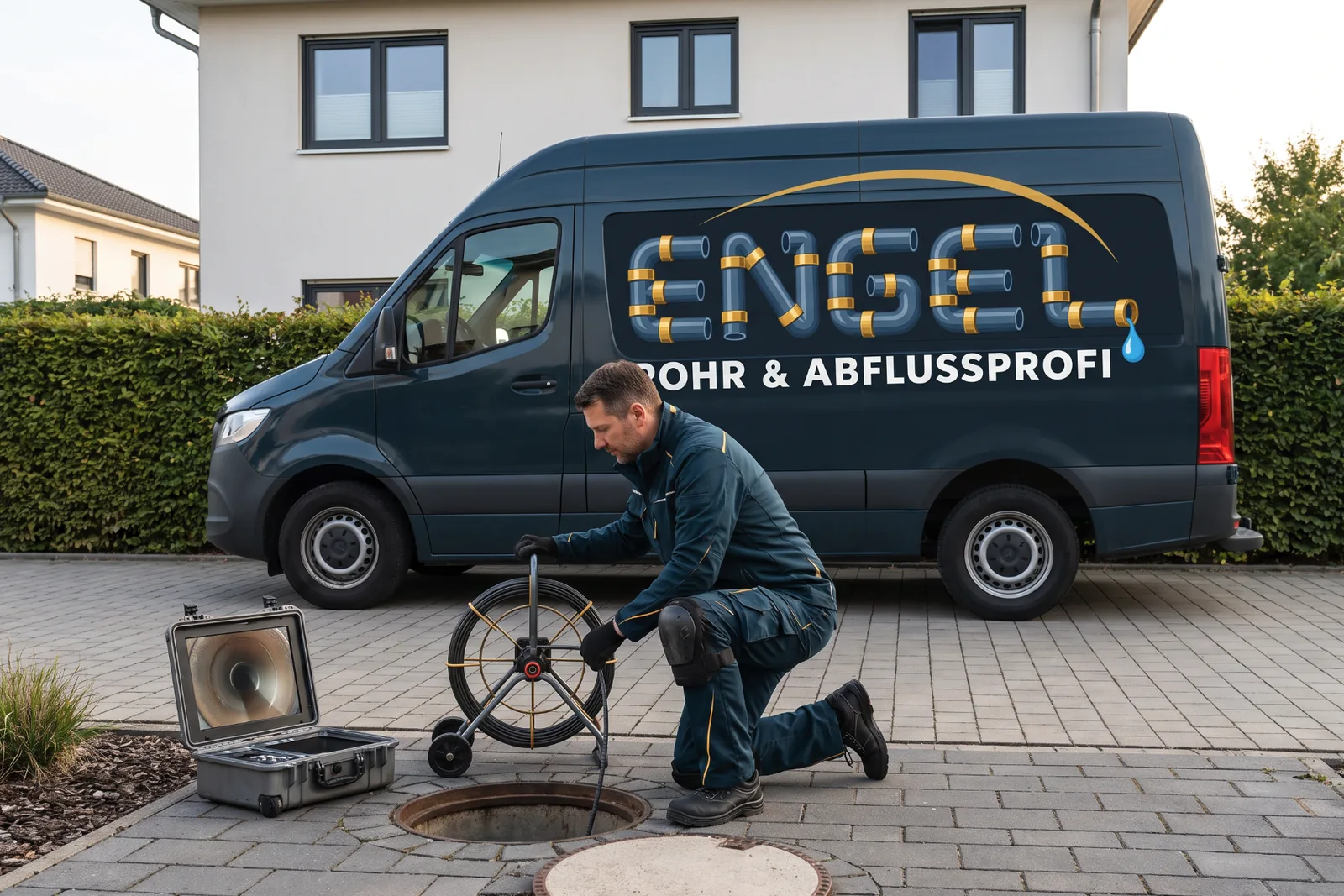 Schiebekamera am Schacht in der Einfahrt, dahinter das Einsatzfahrzeug
