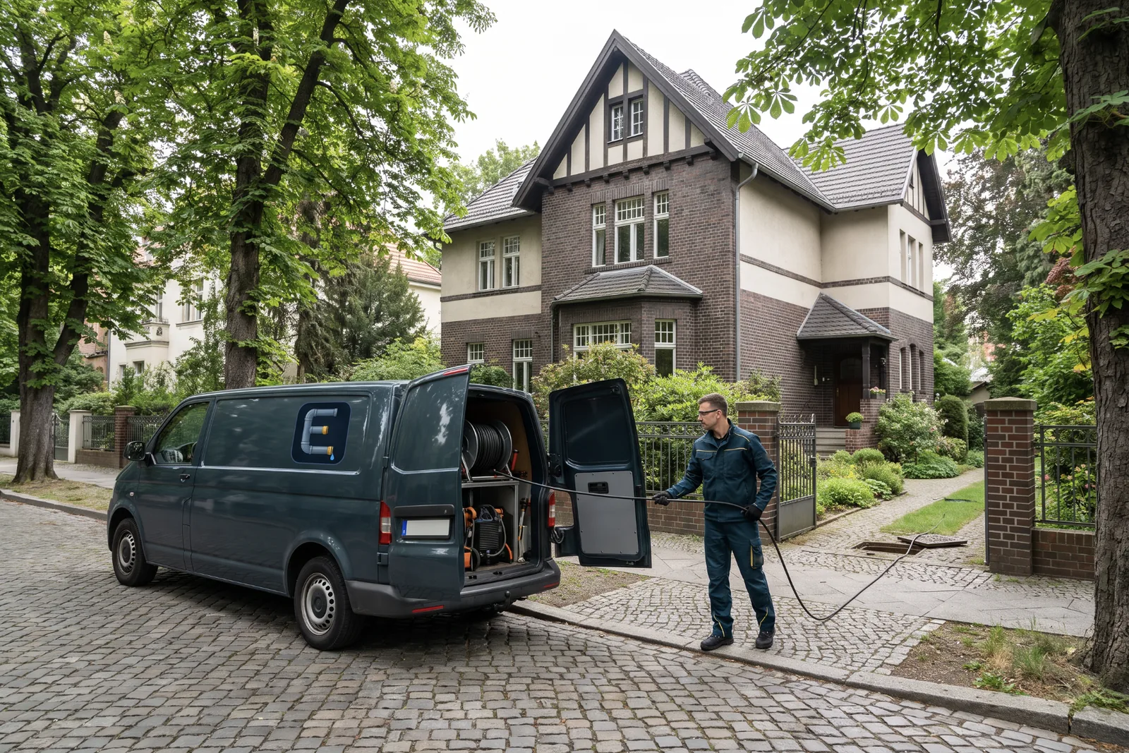 Hochdruckschlauch vom Fahrzeug zum Schacht im Vorgarten einer Villa in Berlin-Charlottenburg