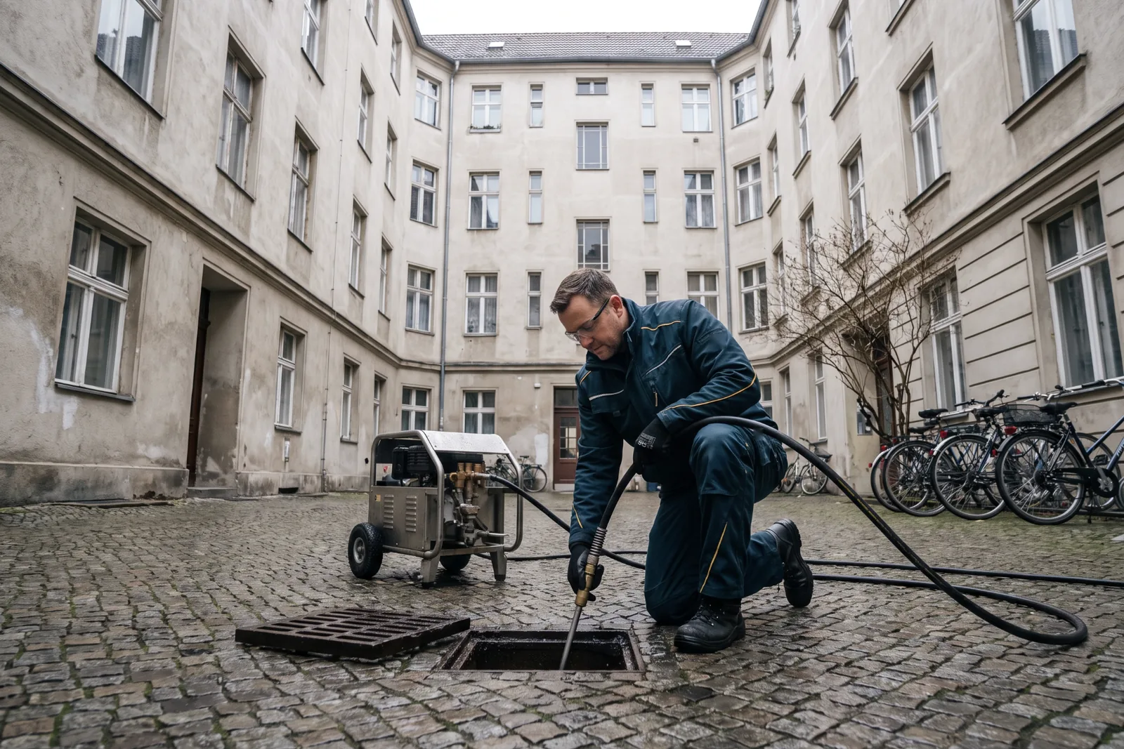 Hochdruckspülung eines Hofablaufs in einem Hinterhof in Berlin-Mitte