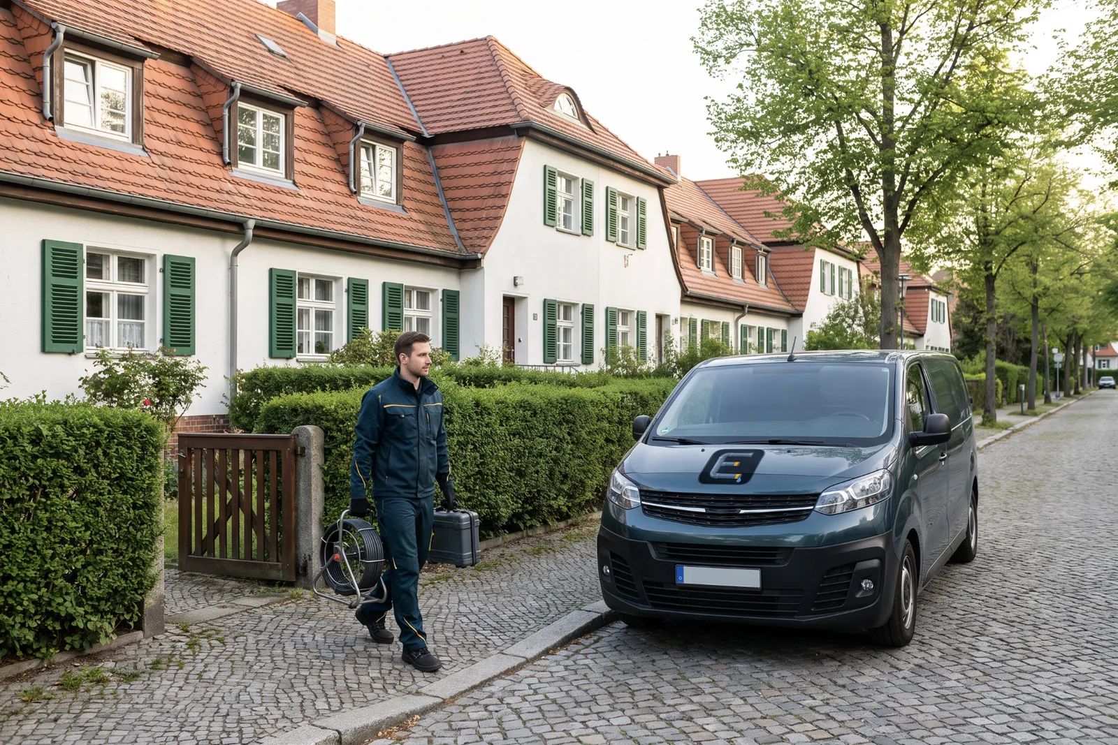 Fachkraft mit Schiebekamera in einer Gartenstadt-Siedlung in Berlin-Tempelhof