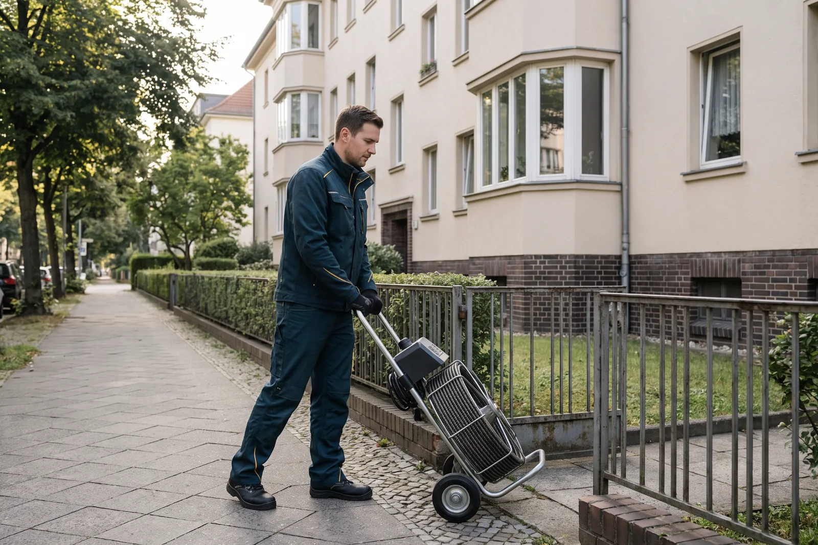 Fachkraft bringt die Spirale zu einem Wohnhaus mit Erkern in Berlin-Wilmersdorf