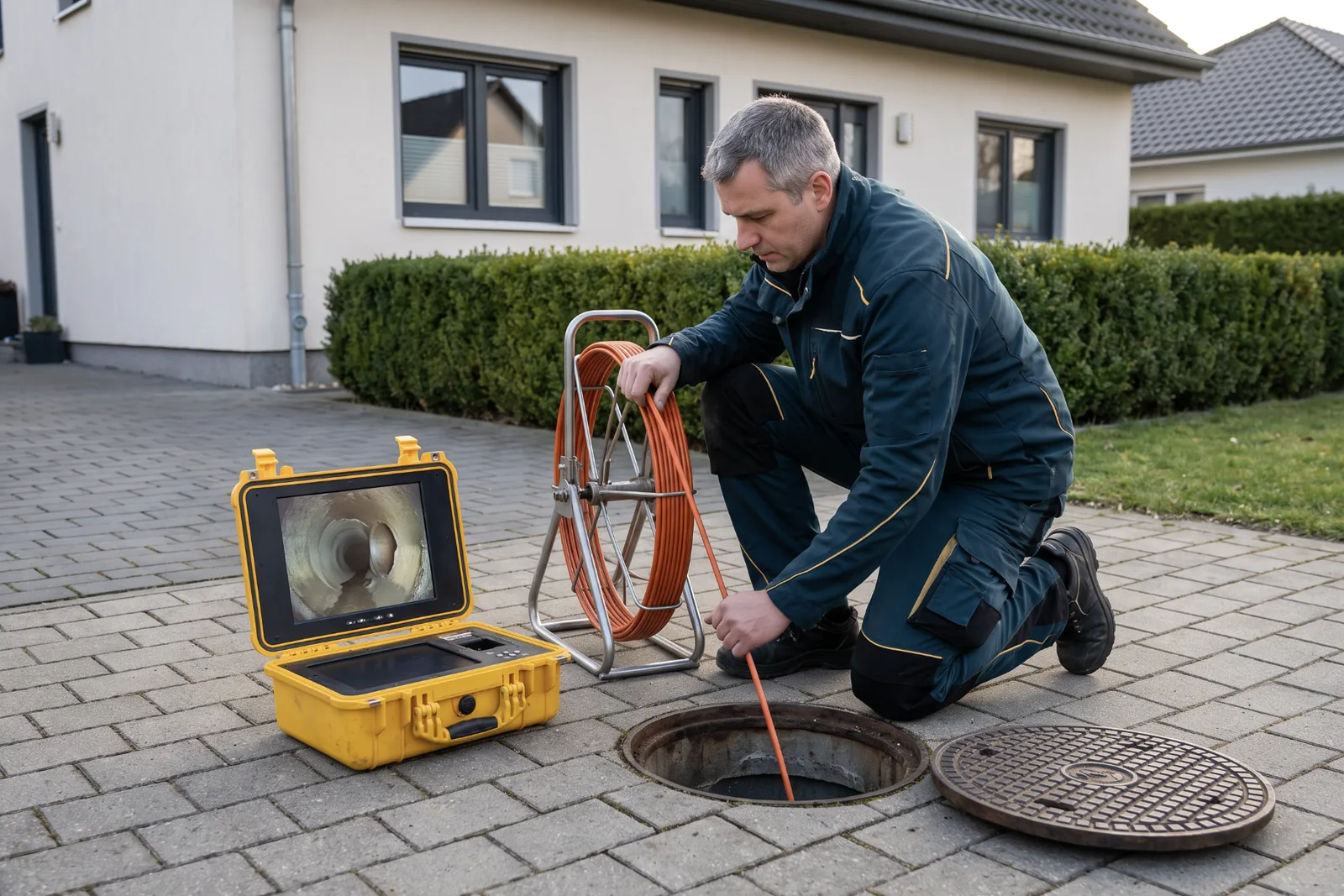 Schiebekamera am Revisionsschacht, der Monitor zeigt das Innere der Leitung