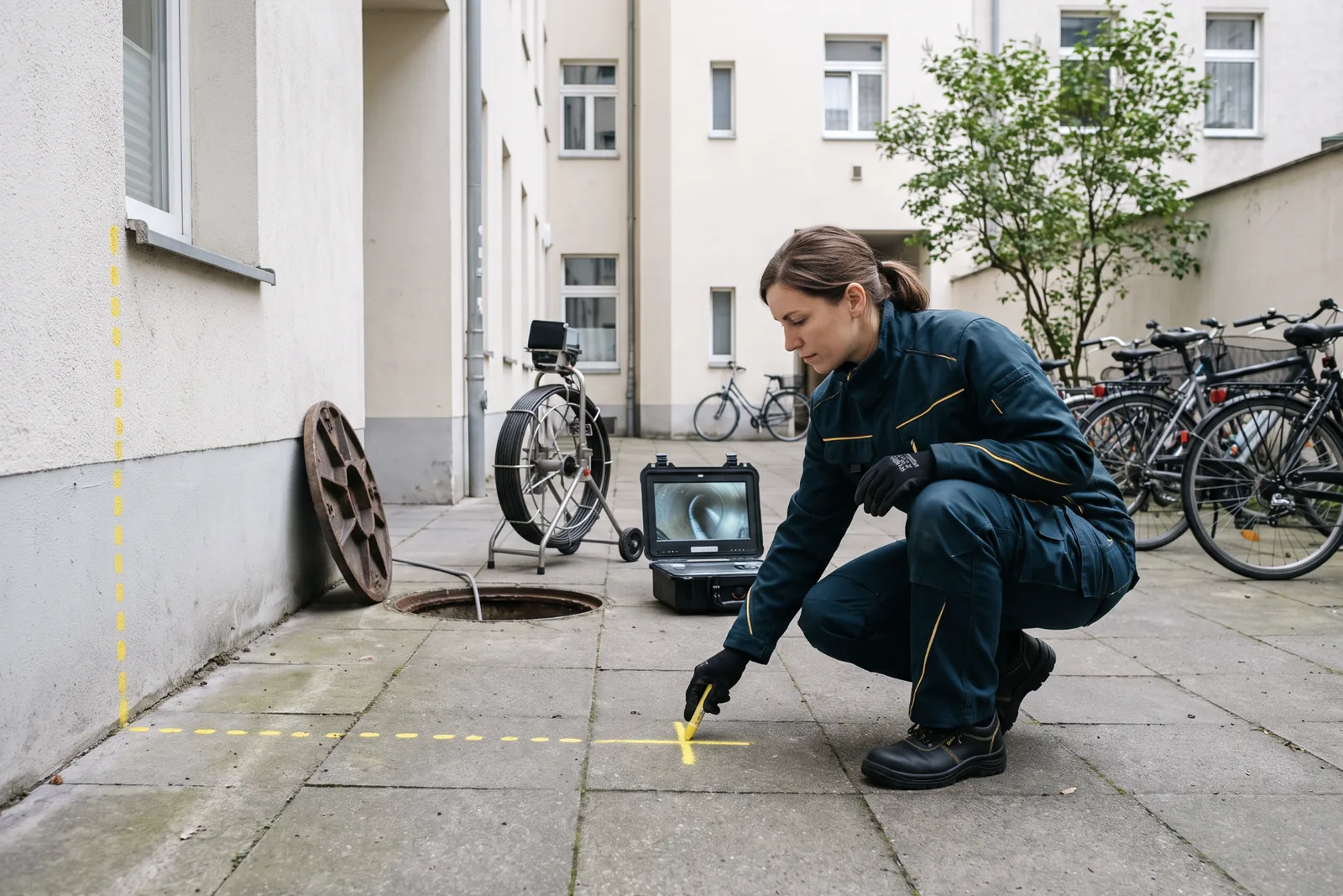 Fachkraft markiert den Verlauf der Grundleitung auf dem Hofpflaster
