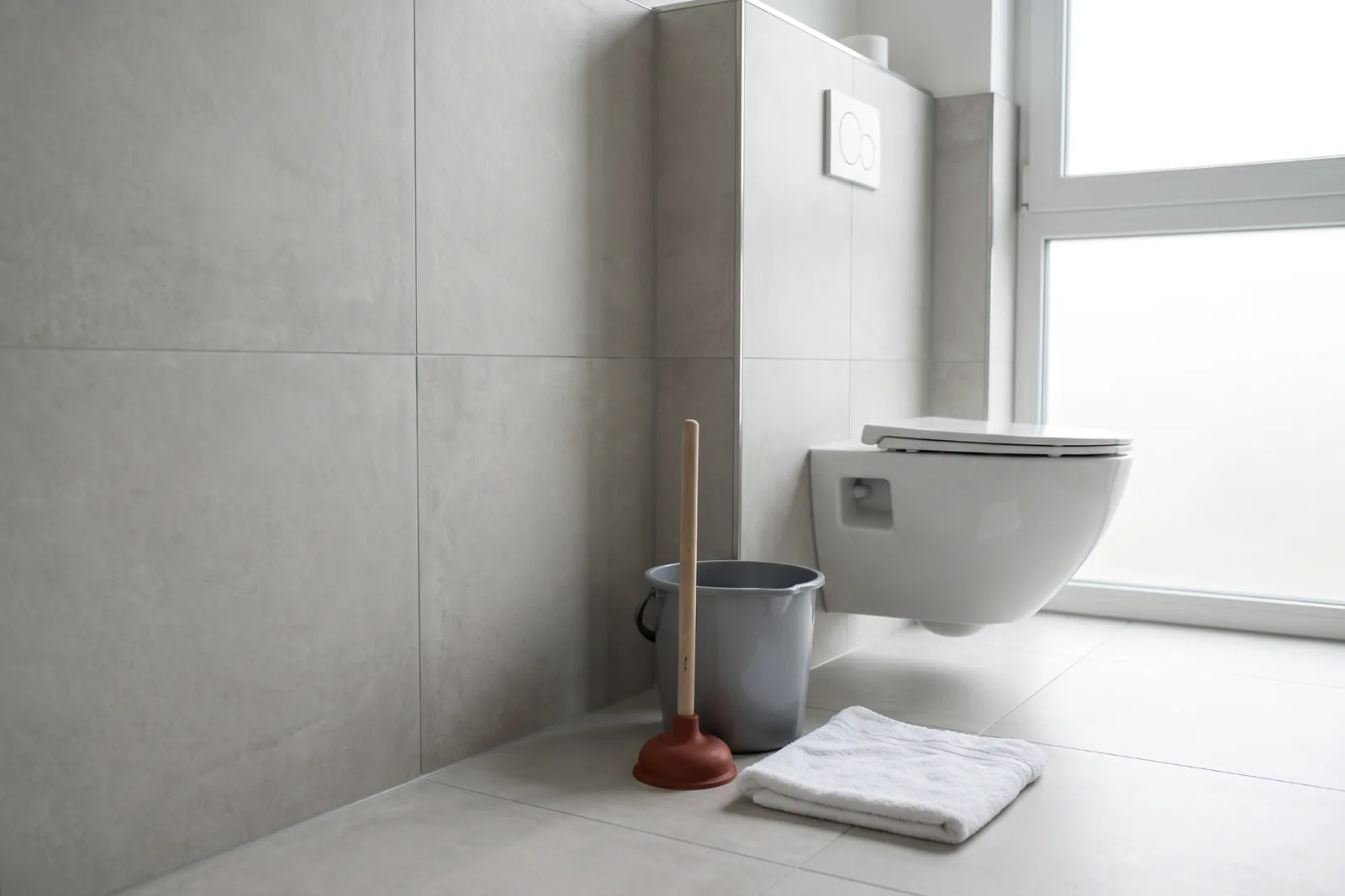 Saugglocke und Eimer neben einer Toilette